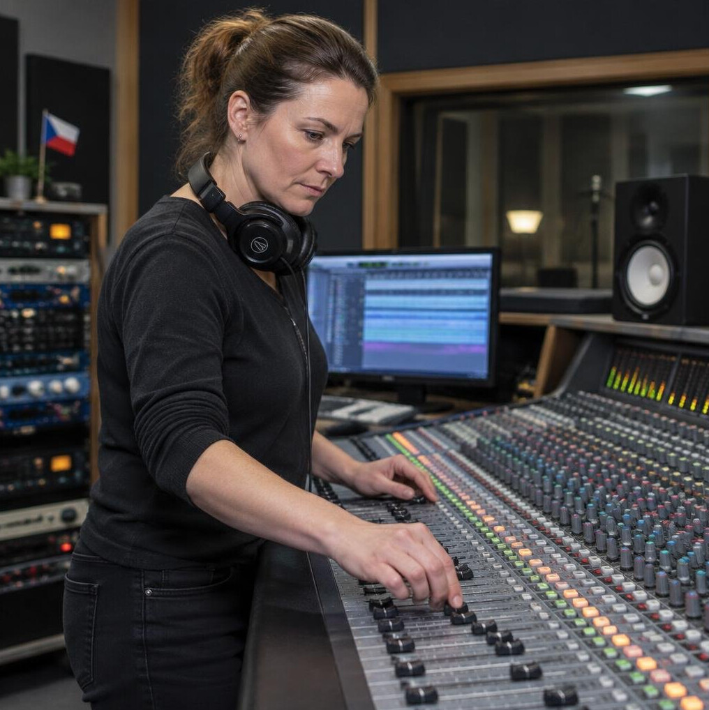 Sound engineer adjusting mixing console faders in a studio