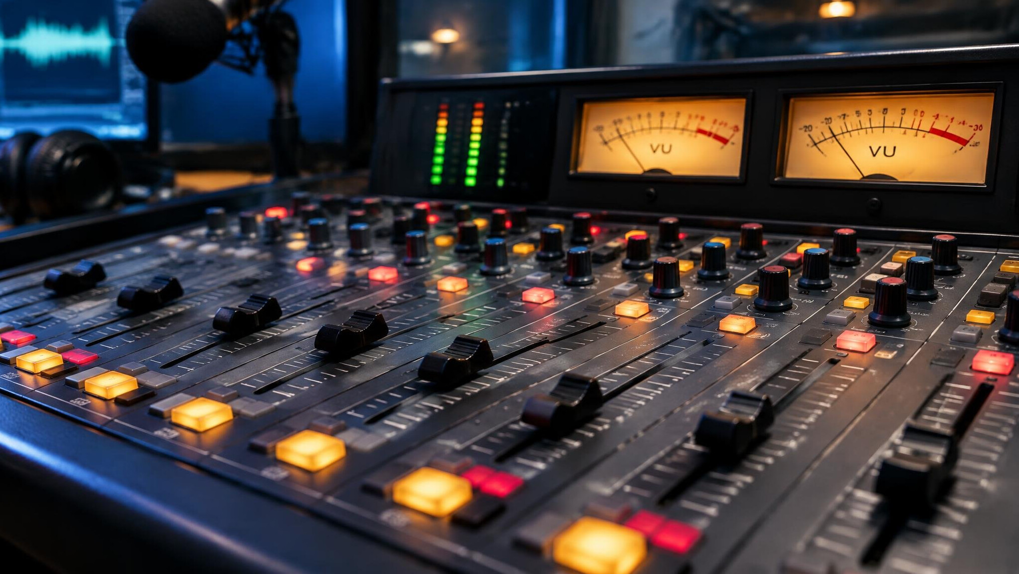 Close-up of a professional radio mixing console with faders and knobs