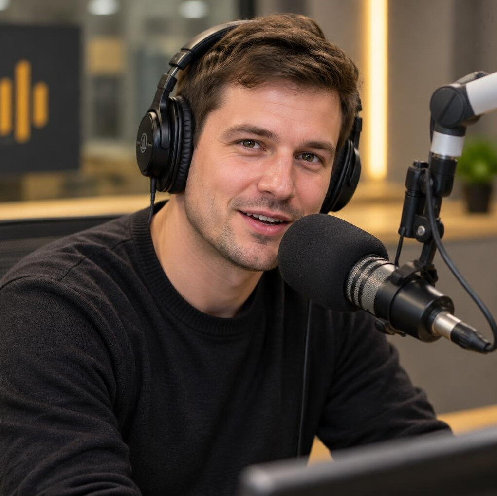 Radio host speaking into a studio microphone with headphones on