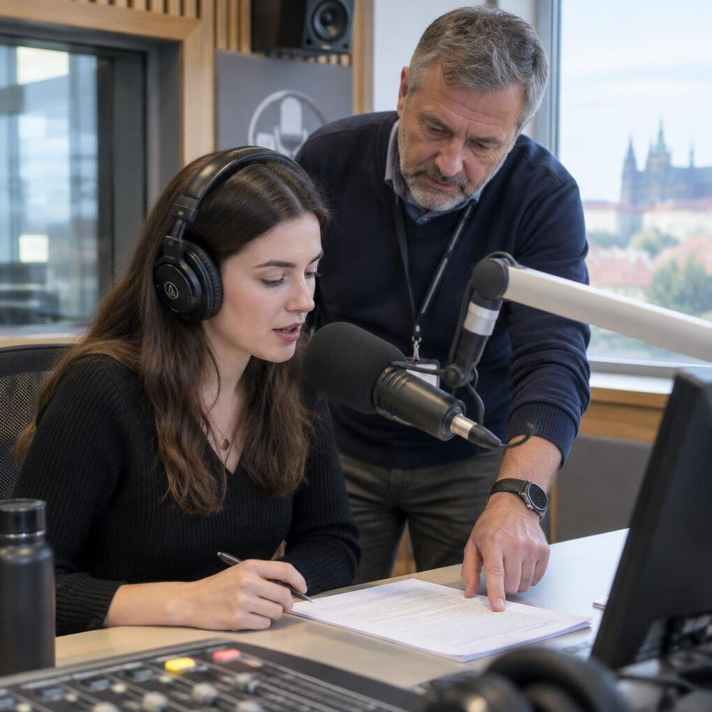 Trainee practicing live broadcasting at a studio microphone with a coach