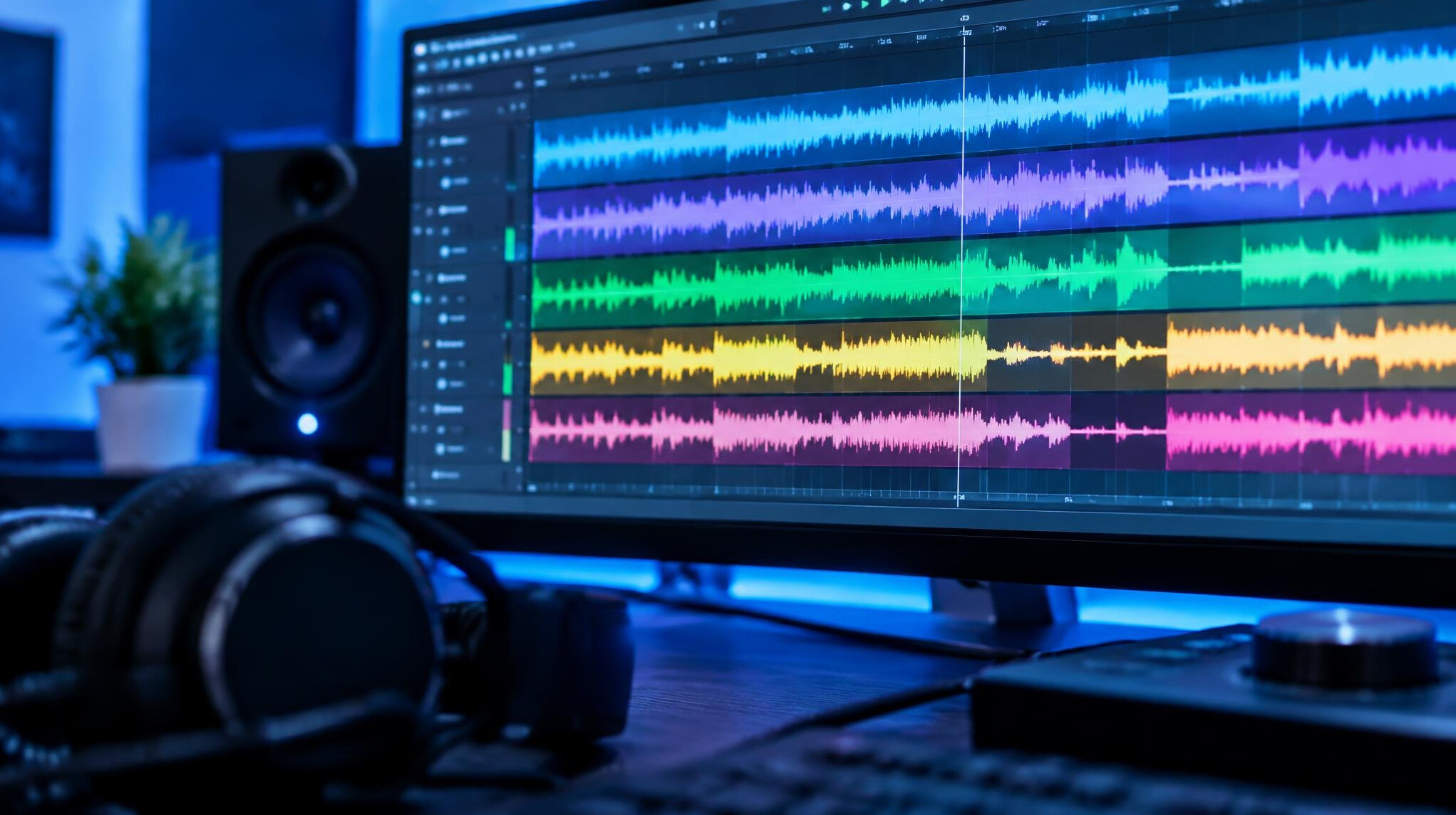 Audio editing workstation showing waveform on computer monitor