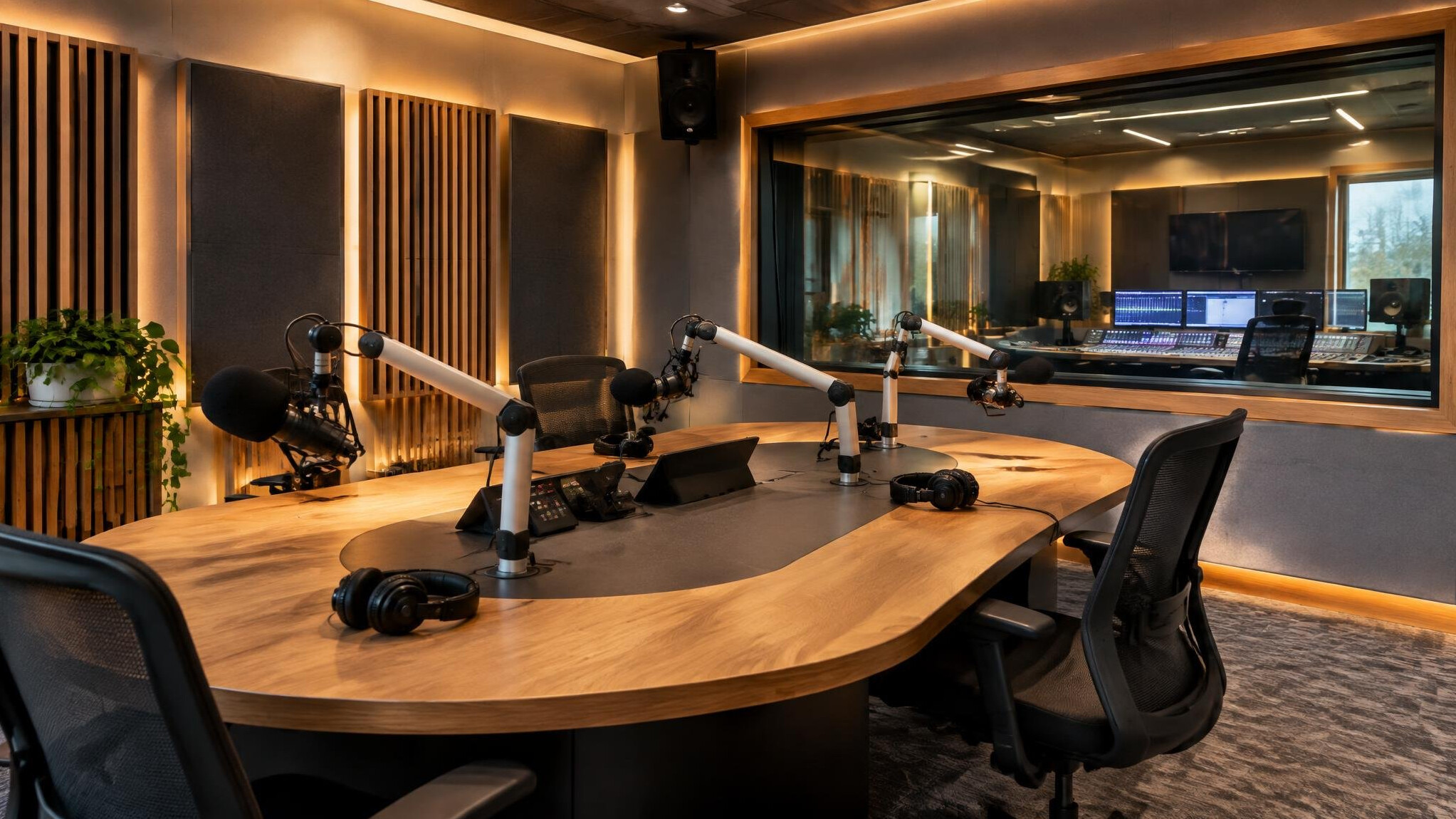 Wide interior view of a modern radio broadcasting studio